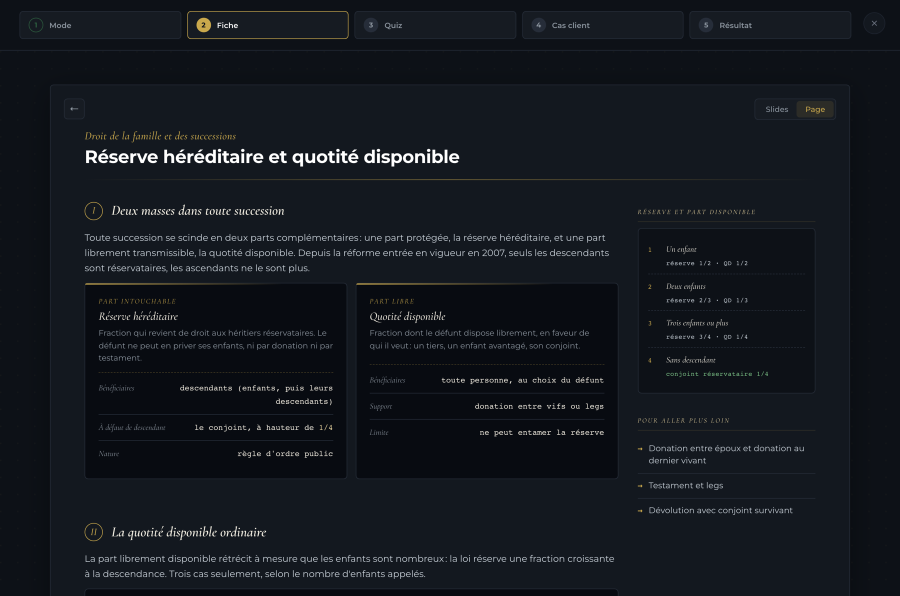 Une fiche PATRILAB dans l'application : la réserve héréditaire et la quotité disponible, avec le déroulé fiche, quiz, cas client.