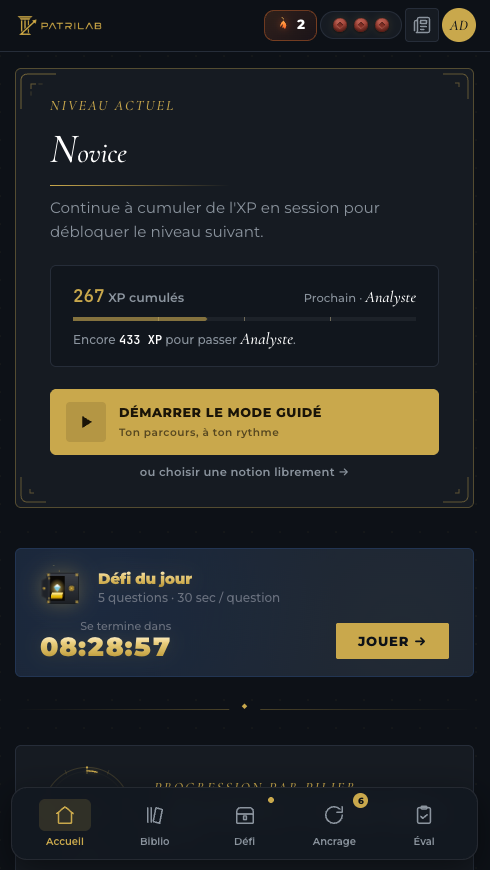 PATRILAB sur mobile : votre progression, le mode guidé et le défi du jour.